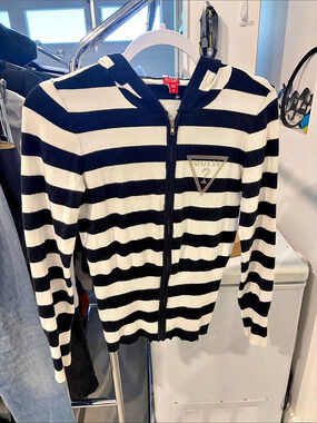 Guess Striped Zip Front Sweater in Black & White